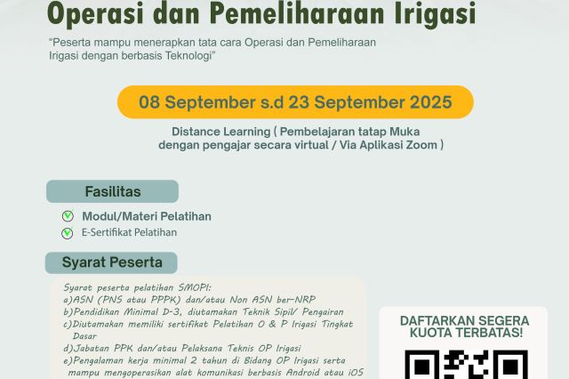 Pendaftaran Pelatihan Teknologi Sistem Manajemen Operasional dan pemeliharaan irigasi (SMOPI)