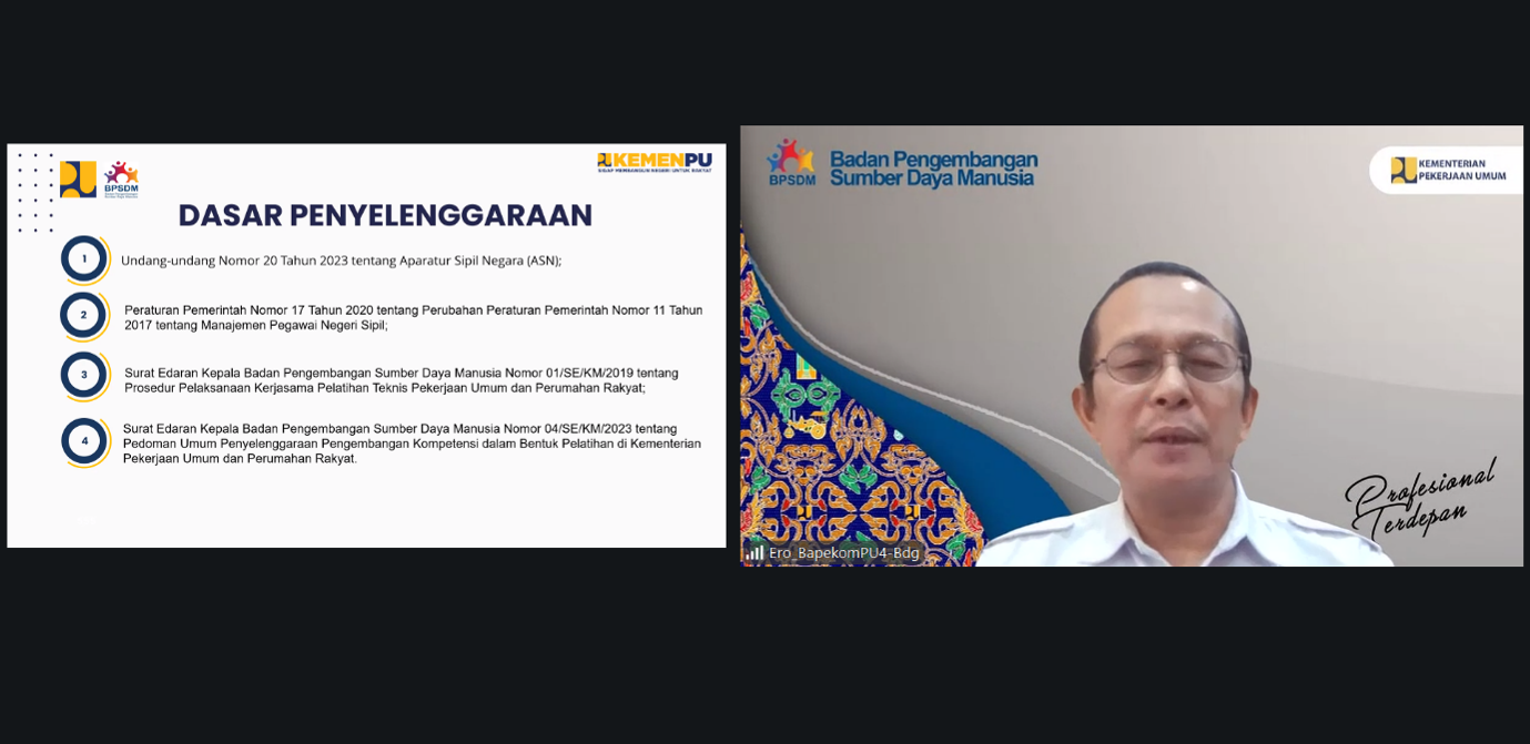 Kepala Balai Pengembangan Kompetensi PU Wilayah IV Bandung, Ero, S.Pd., M.Pd. menyampaikan laporan kegiatan
